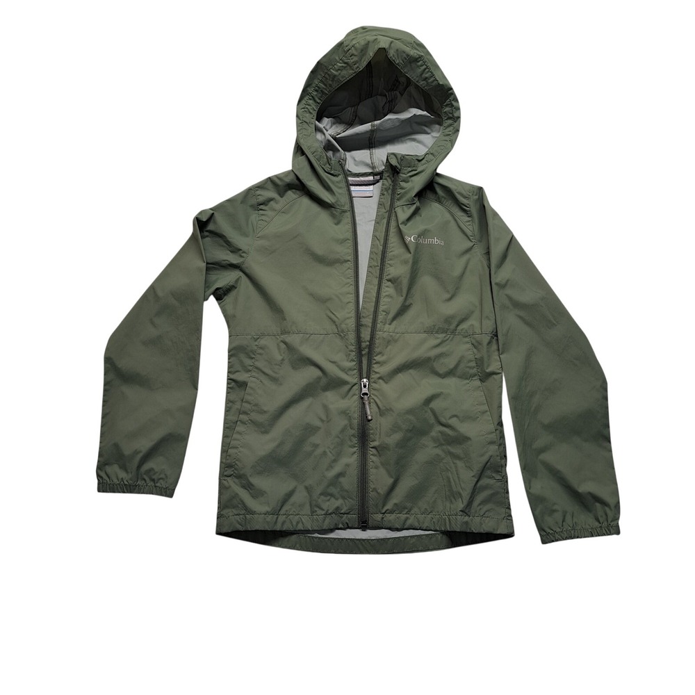 Columbia Windbreaker Kids Small 7/8 Olive Green Excellent Hooded Full Zip Jacket